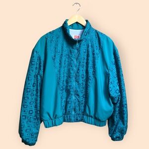 Vintage 80s/90s LSH Teal Full Zip Geometric Retro Patterned Windbreaker Jacket